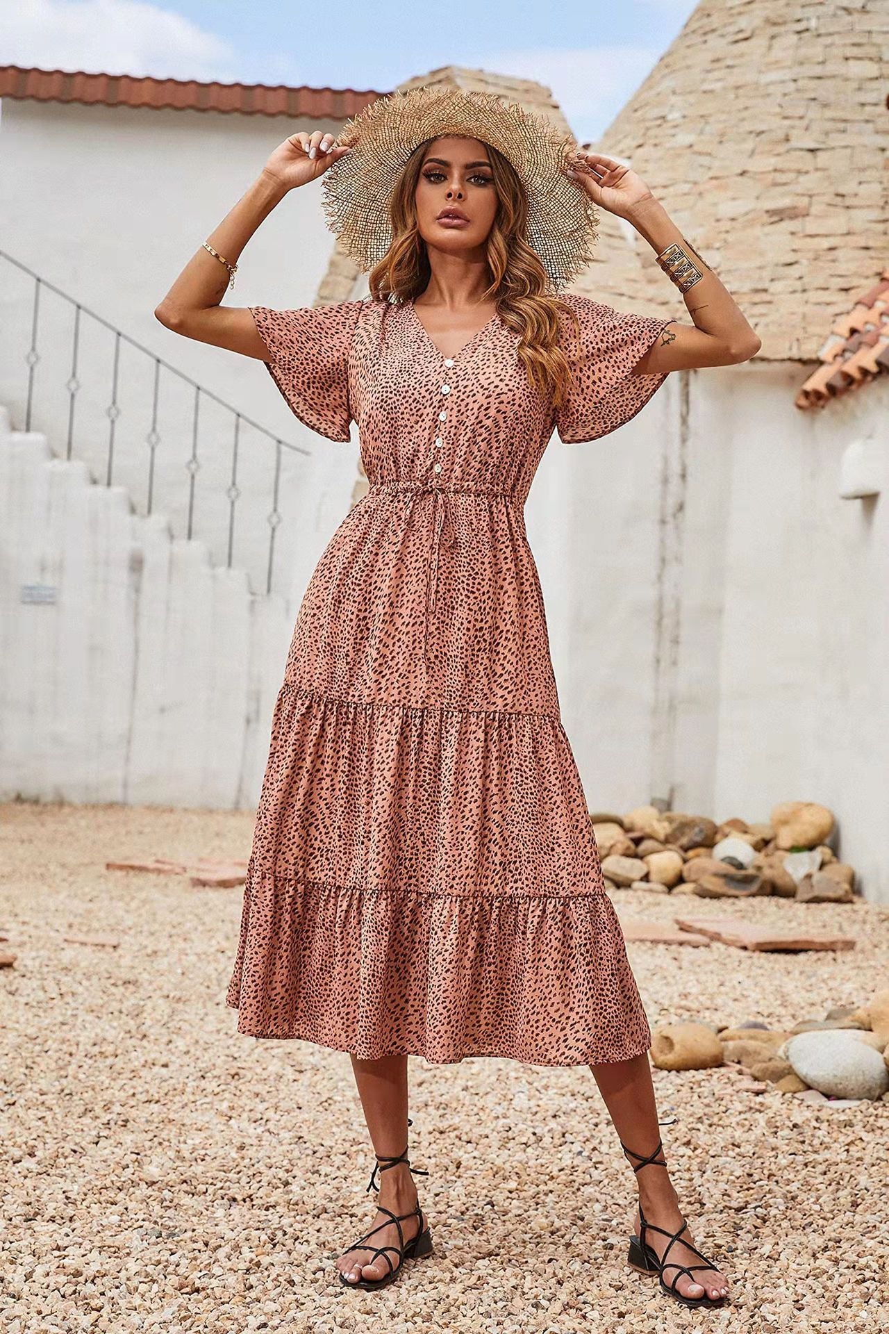 European And American Spring  Summer Vneck Print Dress