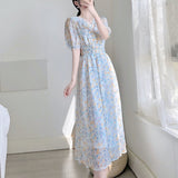 Light-Colored Floral Dress, Tall Women'S Dress, 170 Temperament Waist Waist Long Skirt, Summer To Ankle Short-Sleeved Fairy Skirt