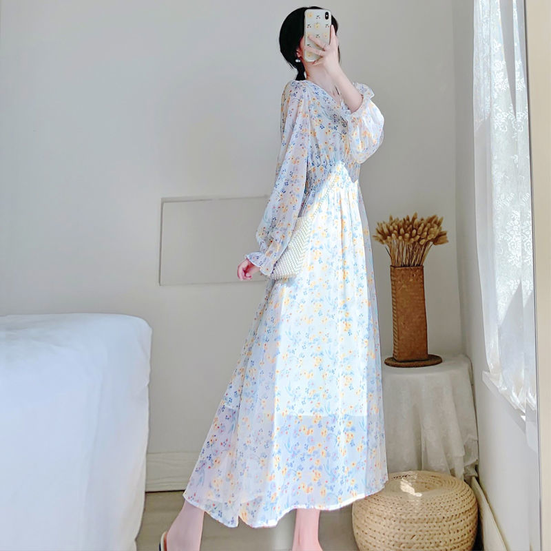 Light-Colored Floral Dress, Tall Women'S Dress, 170 Temperament Waist Waist Long Skirt, Summer To Ankle Short-Sleeved Fairy Skirt