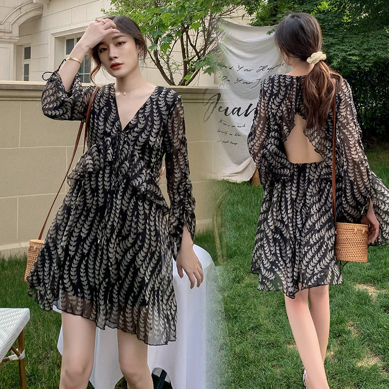 Summer Seaside Vacation Black And White Printed Chiffon Drawstring Dress